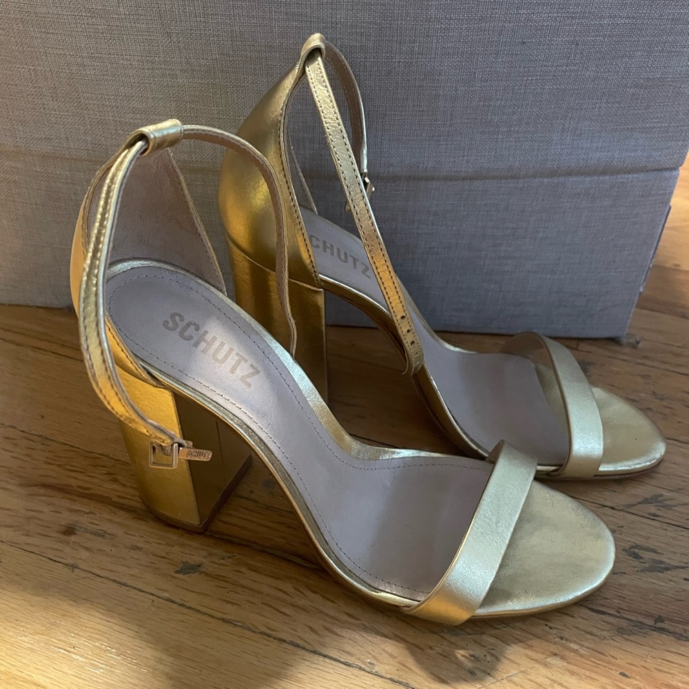 SCHUTZ Metallic Gold Ankle Strap Heels